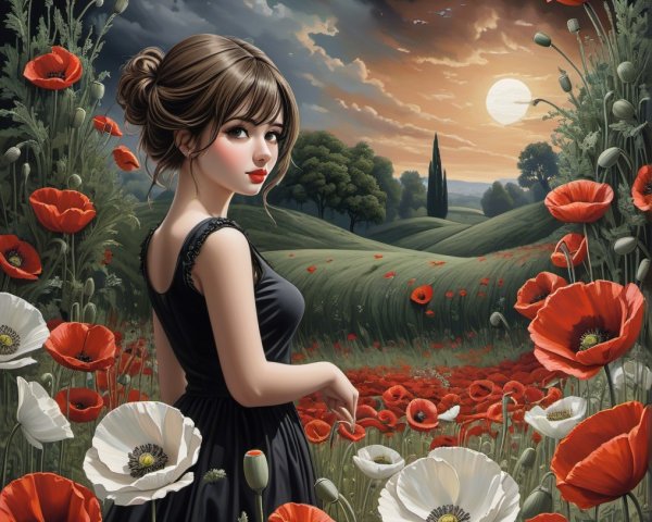 Young Woman in Black Dress Amidst Poppy Field at Sunset