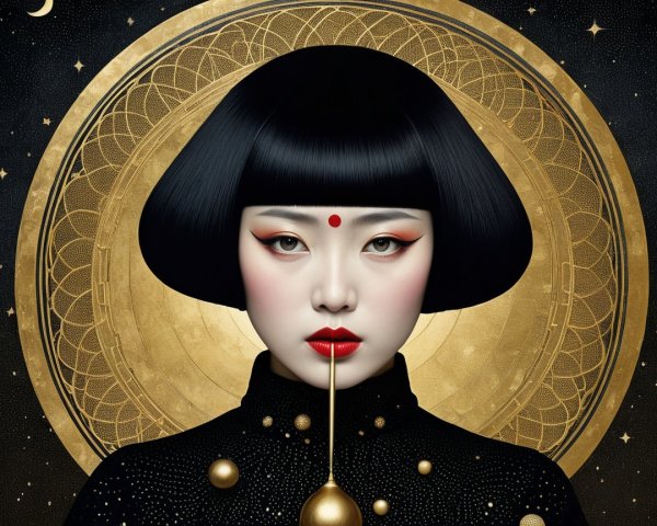 Portrait of a Young Woman with Black Bob and Gold Patterns