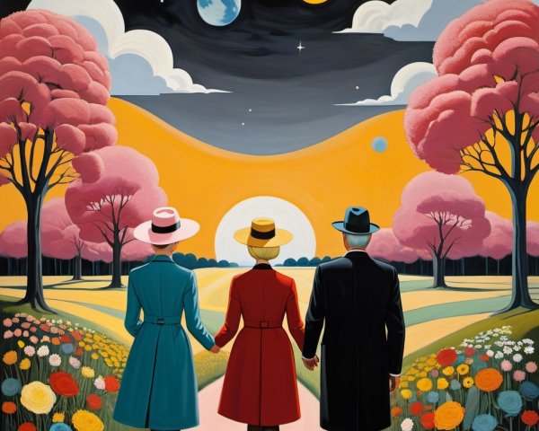 Couple in Vintage Attire in Surreal Landscape with Cats