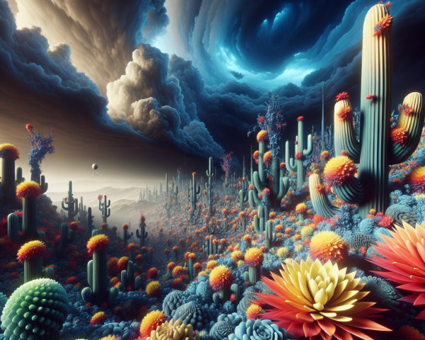 Surreal Landscape with Vibrant Cacti and Ethereal Sky