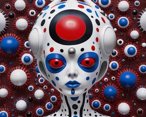 Humanoid Figure with Polka Dots and Floating Spheres