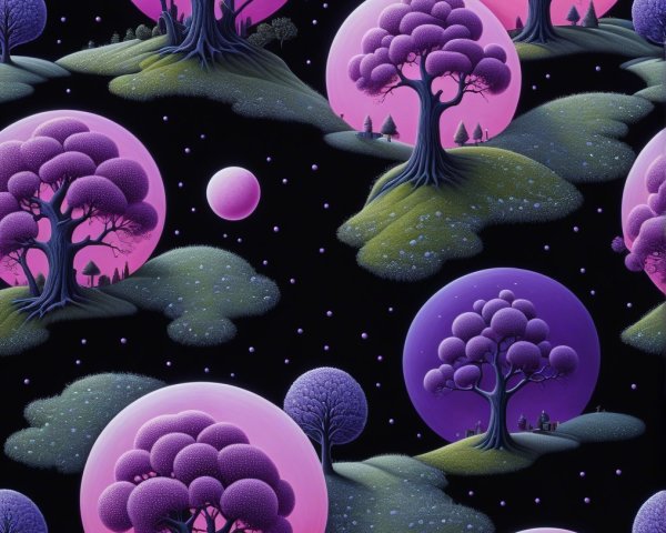 Surreal Landscape with Whimsical Trees and Spheres