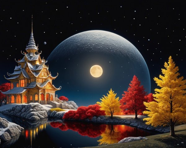 Serene Night Scene of Temple by Tranquil Lake