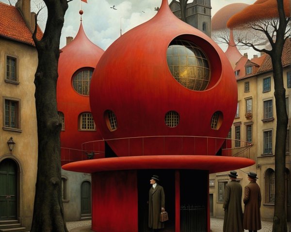 Surreal Urban Landscape with Unique Red Structure
