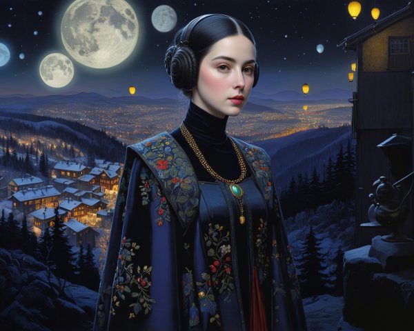 Regal Young Woman in Snowy Mountain Setting at Night