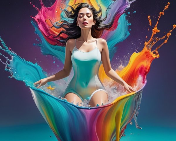 Woman in Blue Swimsuit in Colorful Bowl Scene