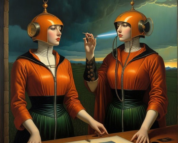 Futuristic Figures in Dramatic Landscape with Artworks