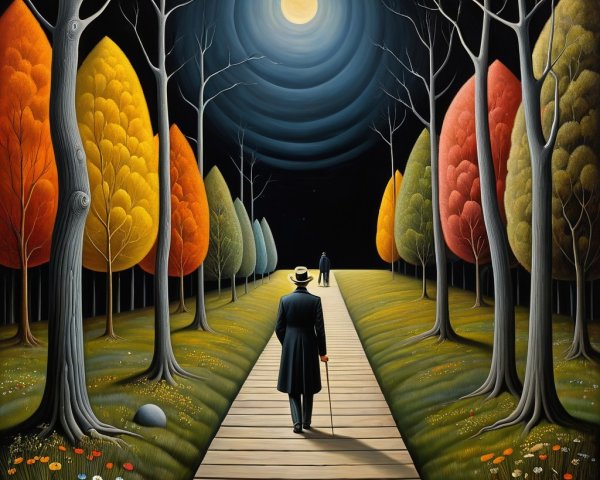 Surreal Autumn Scene with Figures on Winding Path