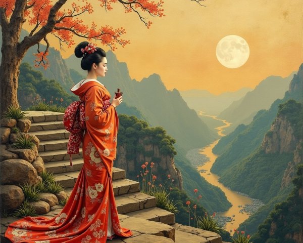 Woman in Red Kimono by Moonlit River Landscape