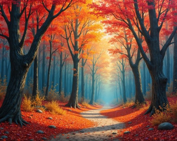 Serene forest path with autumn leaves and misty blues