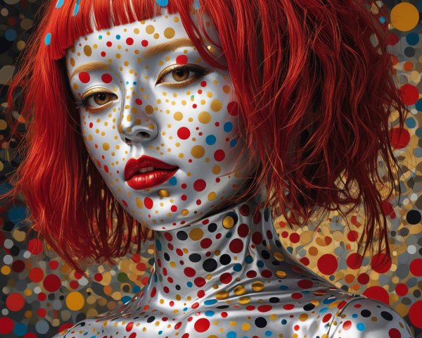 Woman with short red hair and polka-dot skin design