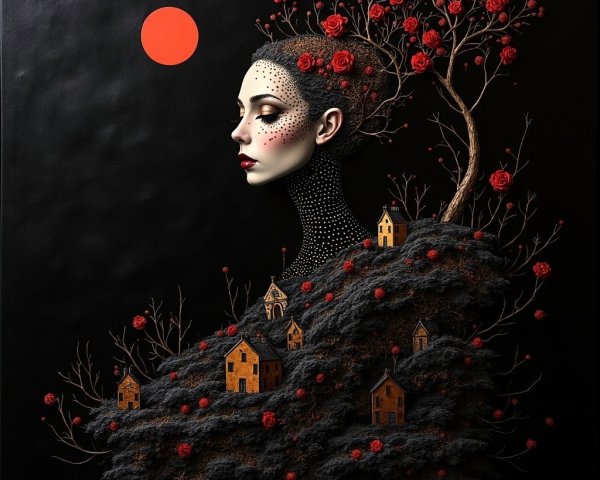 Surreal Artwork of Woman with Tree and Roses