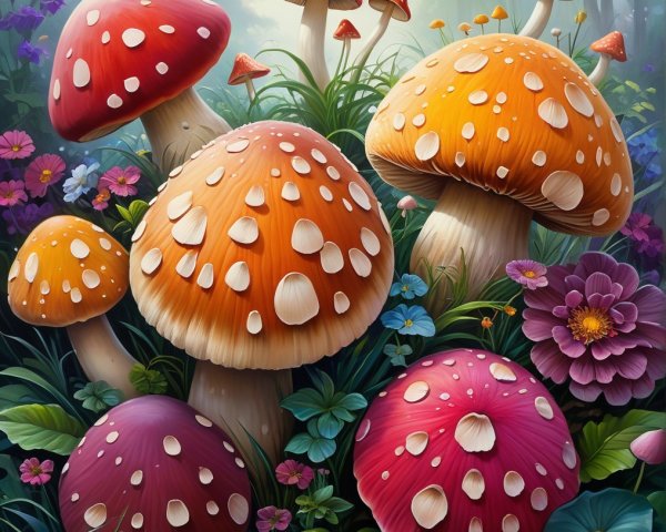 Vibrant Forest Scene with Colorful Oversized Mushrooms
