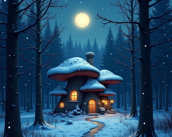 Whimsical Mushroom House in a Snowy Forest Setting