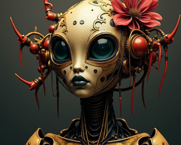 Stylized humanoid robot with floral and mechanical details