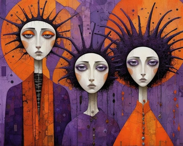 Stylized Figures with Vibrant Halos and Patterns