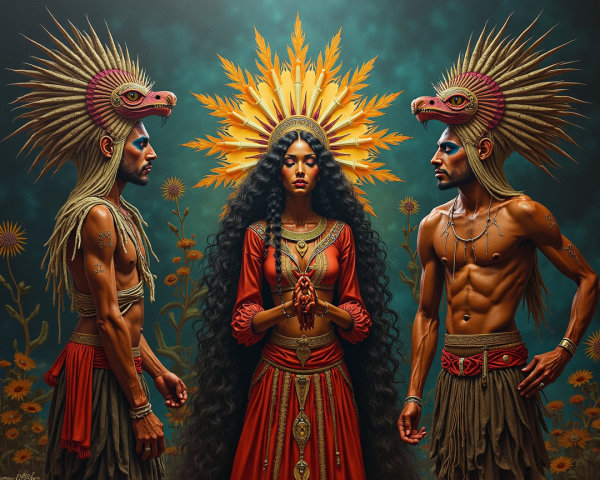 Three Figures in Traditional Attire with Vibrant Colors