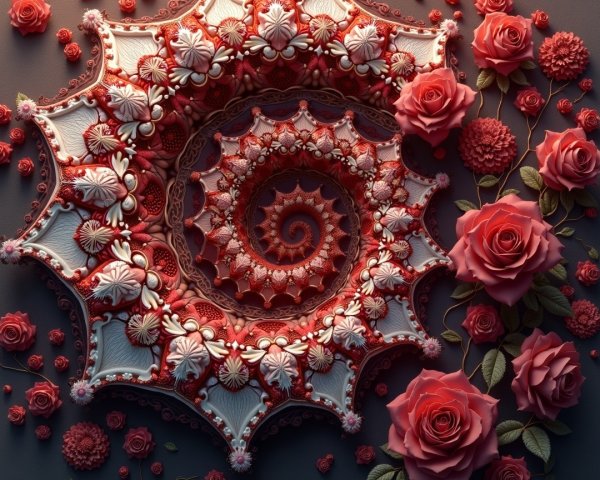 Intricate Mandala Design with Red Floral Elements