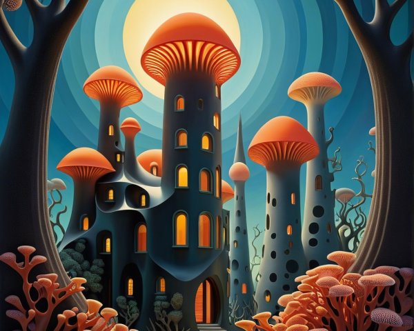 Whimsical Landscape with Mushroom Structures and Moon