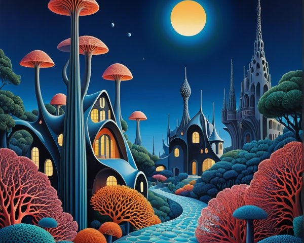 Whimsical Otherworldly Landscape with Colorful Mushrooms