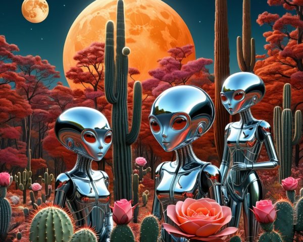 Surreal Desert Scene with Metallic Aliens and Cacti