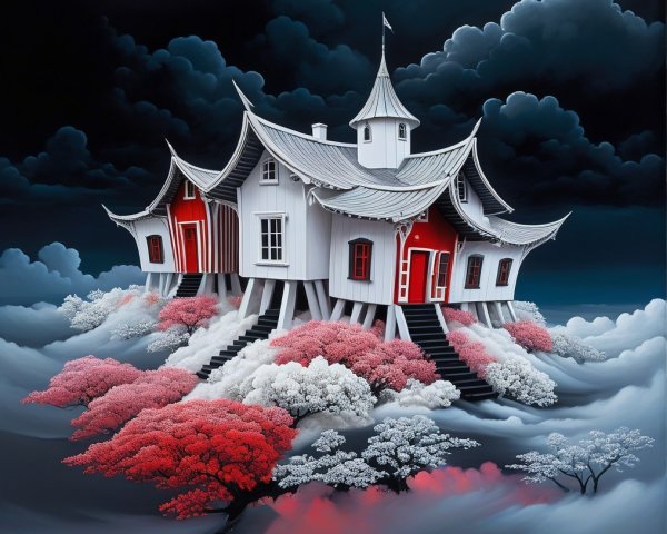 Whimsical House Amid Clouds and Vibrant Trees