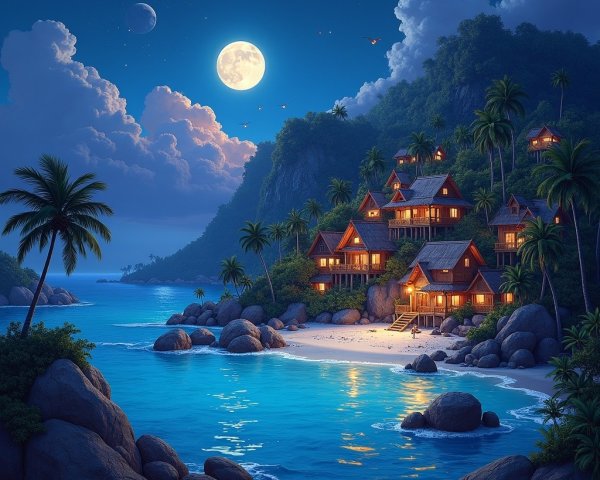 Tropical Night Scene with Cottages and Palm Trees