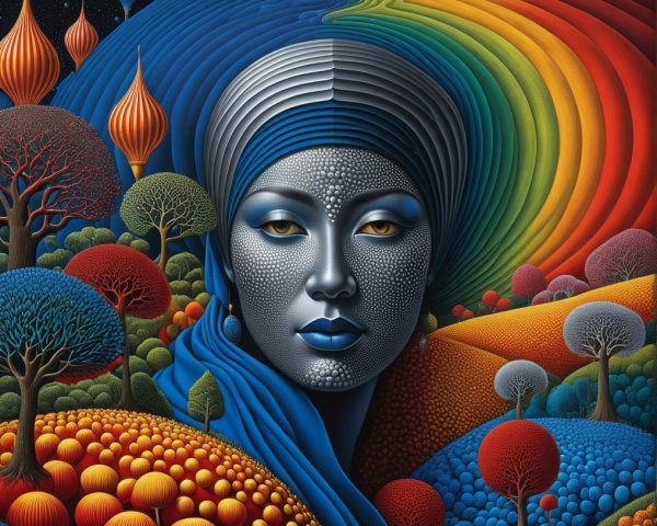 Portrait of a serene figure in a vibrant landscape