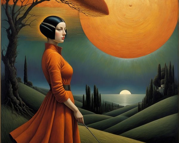 Surreal Landscape with Woman in Orange Dress and Sun