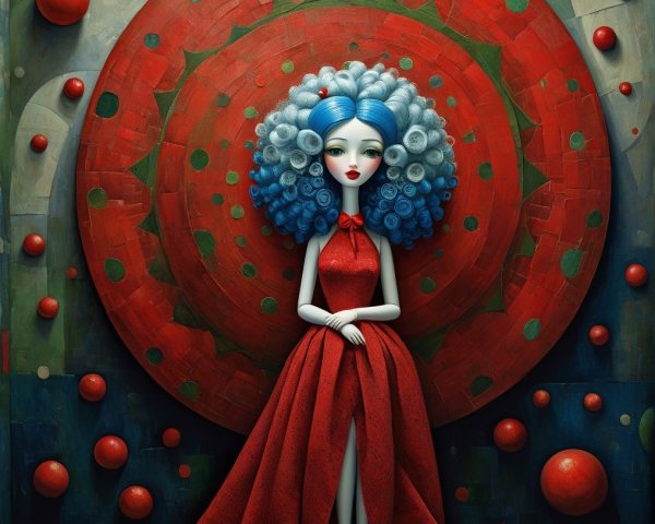 Whimsical Doll with Blue Hair Against Patterned Background