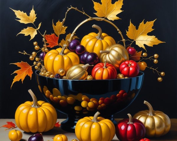 Vibrant Still Life of Colorful Pumpkins and Leaves