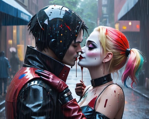 Vibrant Couple Kissing in Rainy Urban Setting