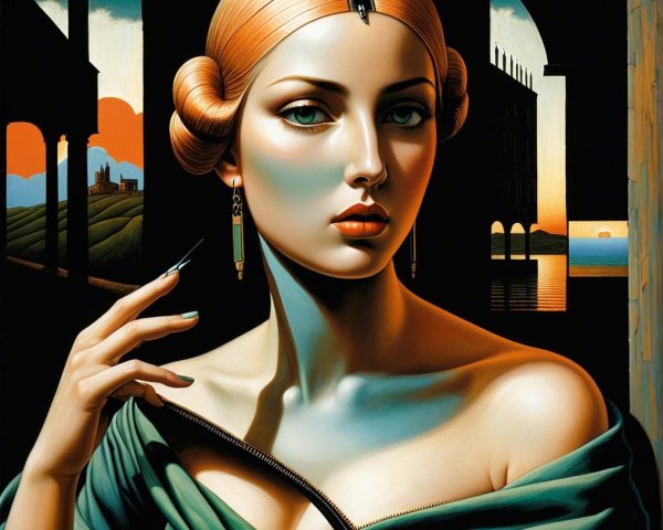 Woman with Blonde Hair in Green Garment at Twilight