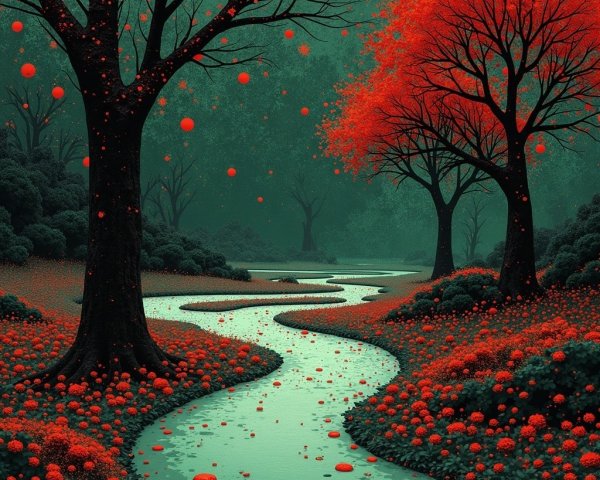 Serene Landscape with Turquoise Water and Red Foliage