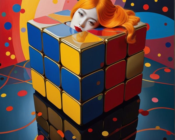 Surreal Artwork of Woman and Colorful Rubik's Cube