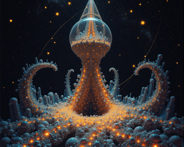 Surreal Landscape with Cosmic Lighthouse Structure