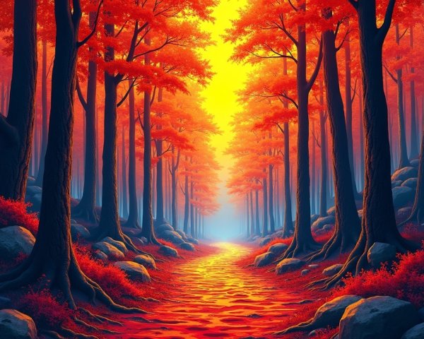 Vibrant Autumn Forest with Orange Leaves and Misty Background