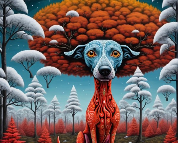 Surreal Dog with Vibrant Body in Enchanted Landscape