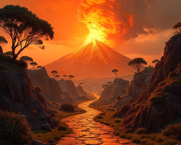 Erupting Volcano with Sunset Landscape and Pathway