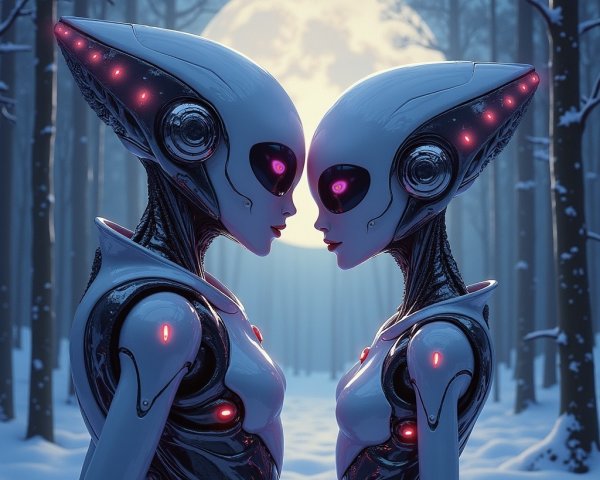 Futuristic robots in snowy moonlit forest setting