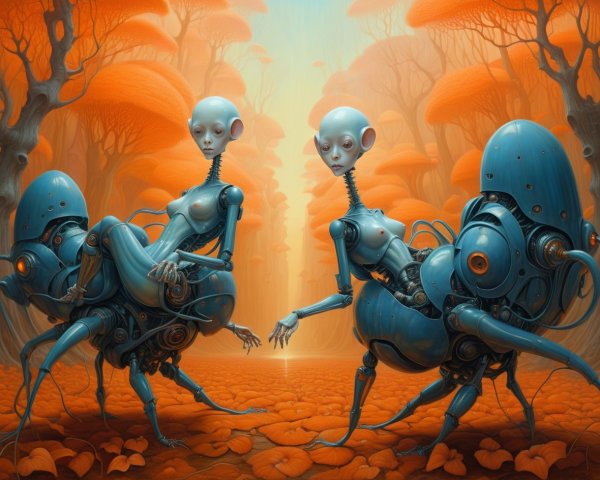 Sci-fi Art Nouveau Cyborg Centaur in Mushroom Forest