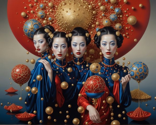 Stylized Portrait of Four Women in Rich Fabrics