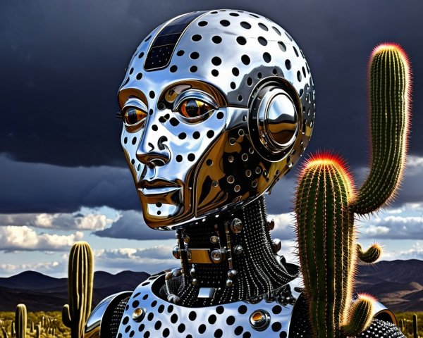 Futuristic Robot in Desert Landscape with Cacti