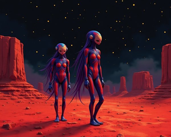 Surreal Martian Landscape with Alien Figures at Night