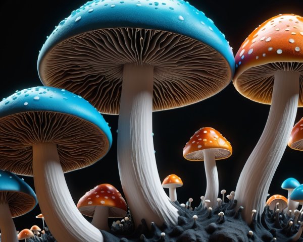 Surreal Mushrooms with Blue and Orange Caps Displayed