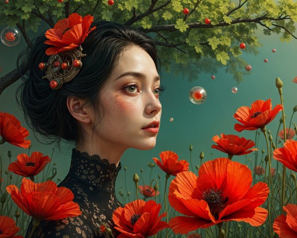 Young woman with flowers in lush poppy setting