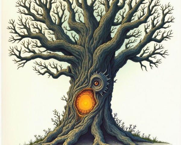 Ancient Tree with Glowing Orange Core and Barren Branches
