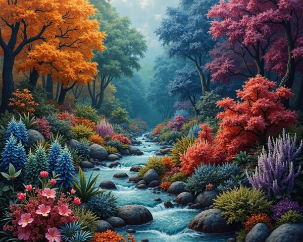 Vibrant Autumn Forest Scene with Winding Stream