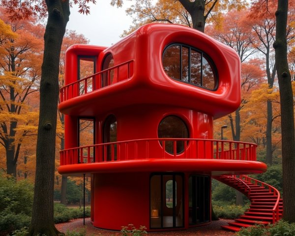 Modern Red Treehouse in Vibrant Autumn Forest