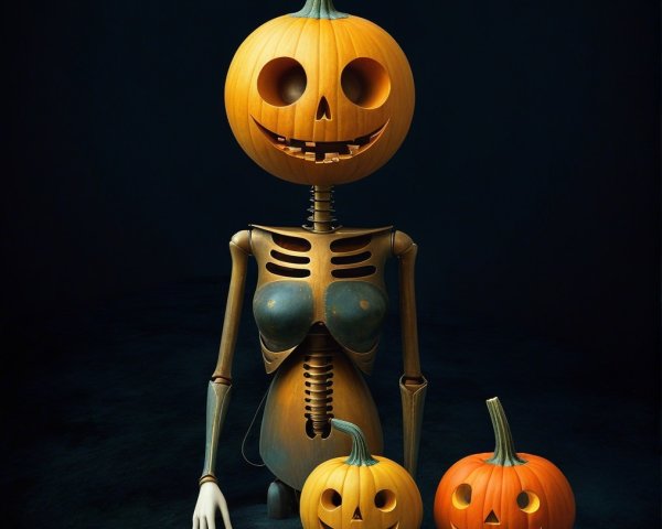 Whimsical Skeleton with Pumpkins in Dark Atmosphere